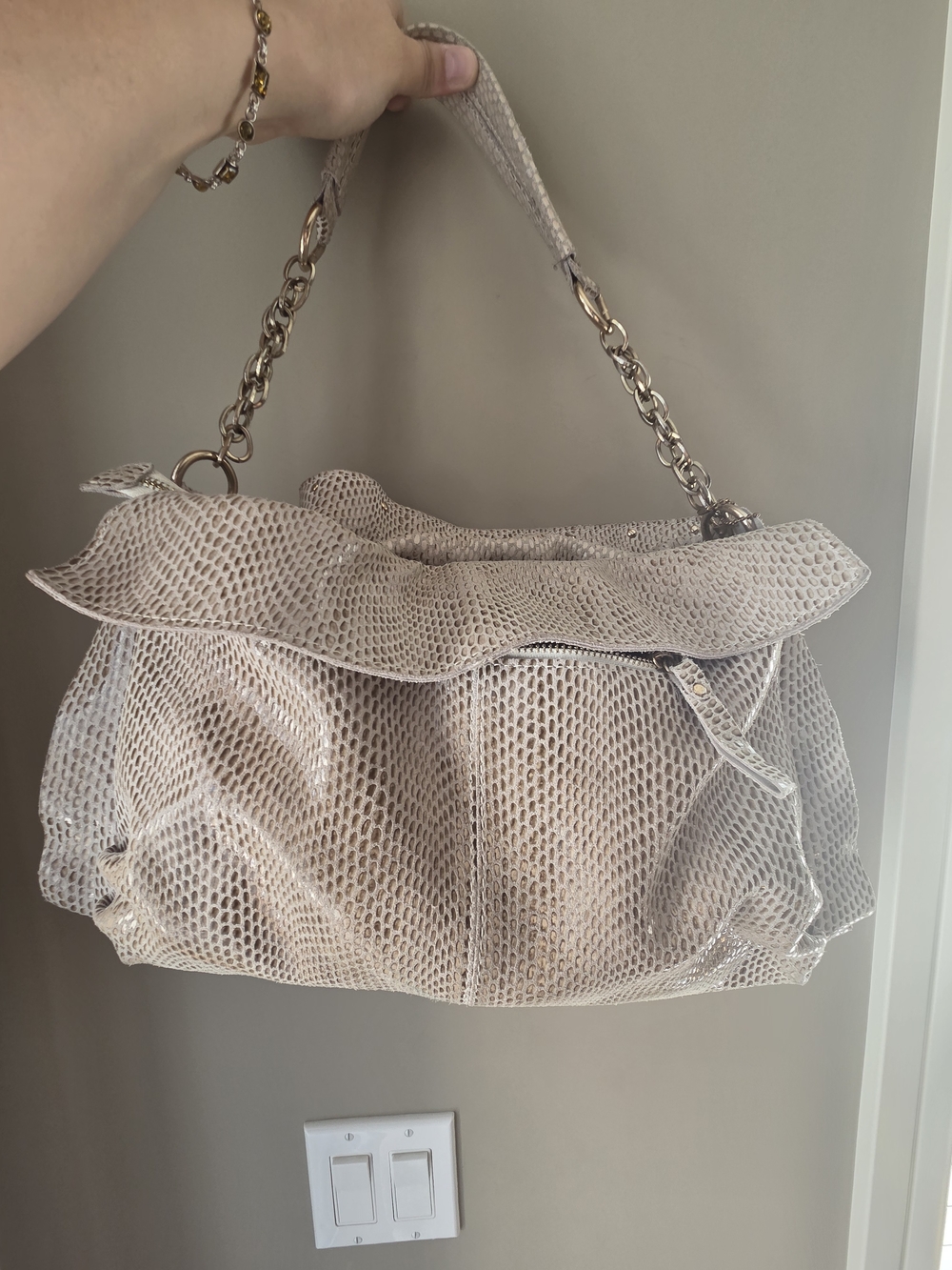 Designer-Style Beige Snake-Embossed Shoulder Bag